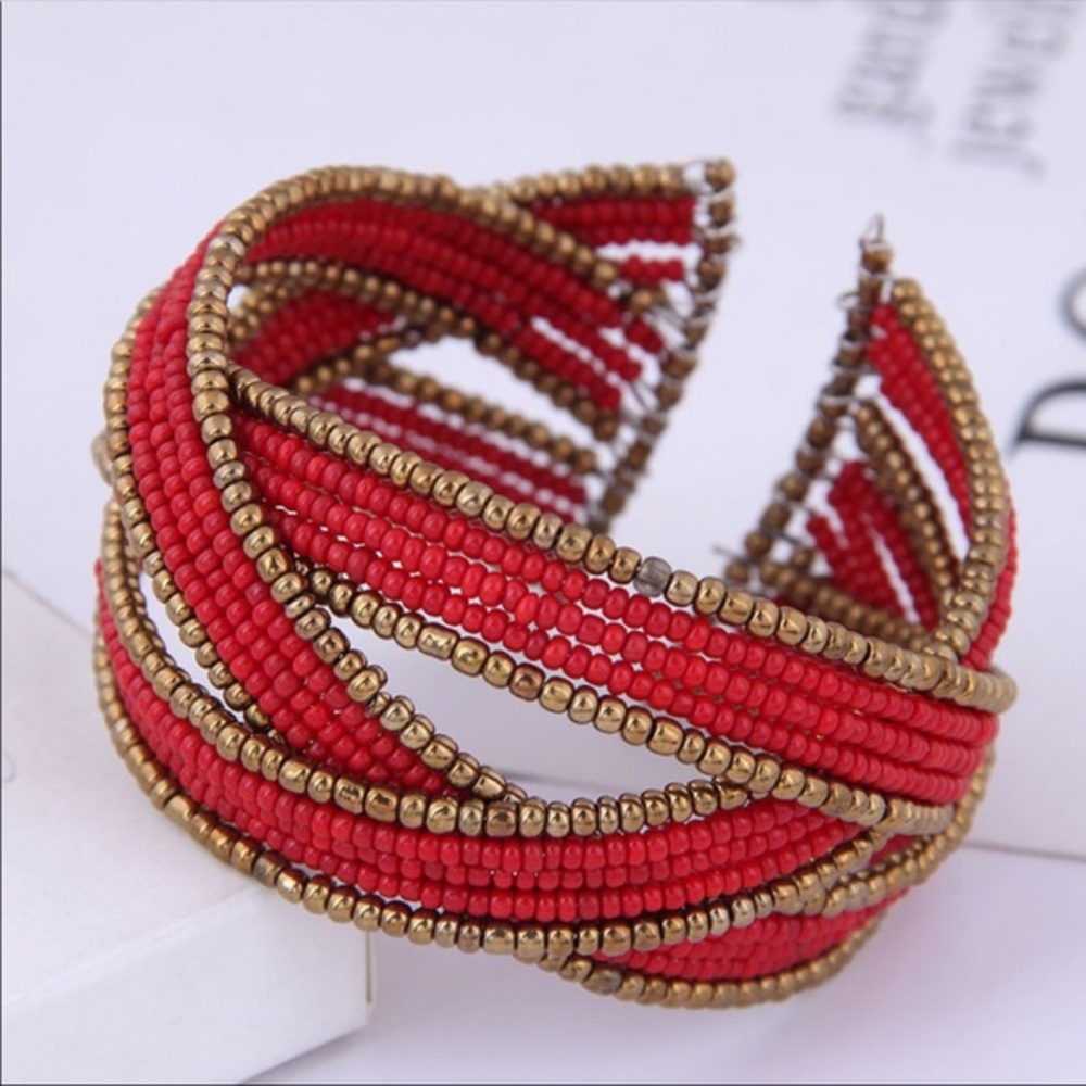 Bohemian ethnic handmade wire thread beaded cuff bracelet NWT